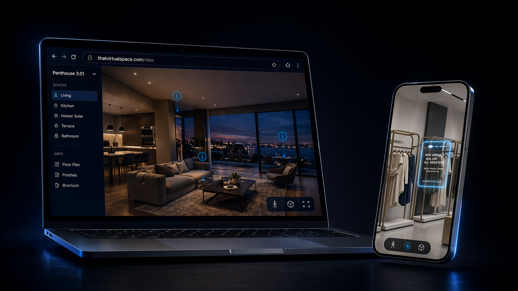 That Space shown across laptop and mobile devices in a dark cinematic interface